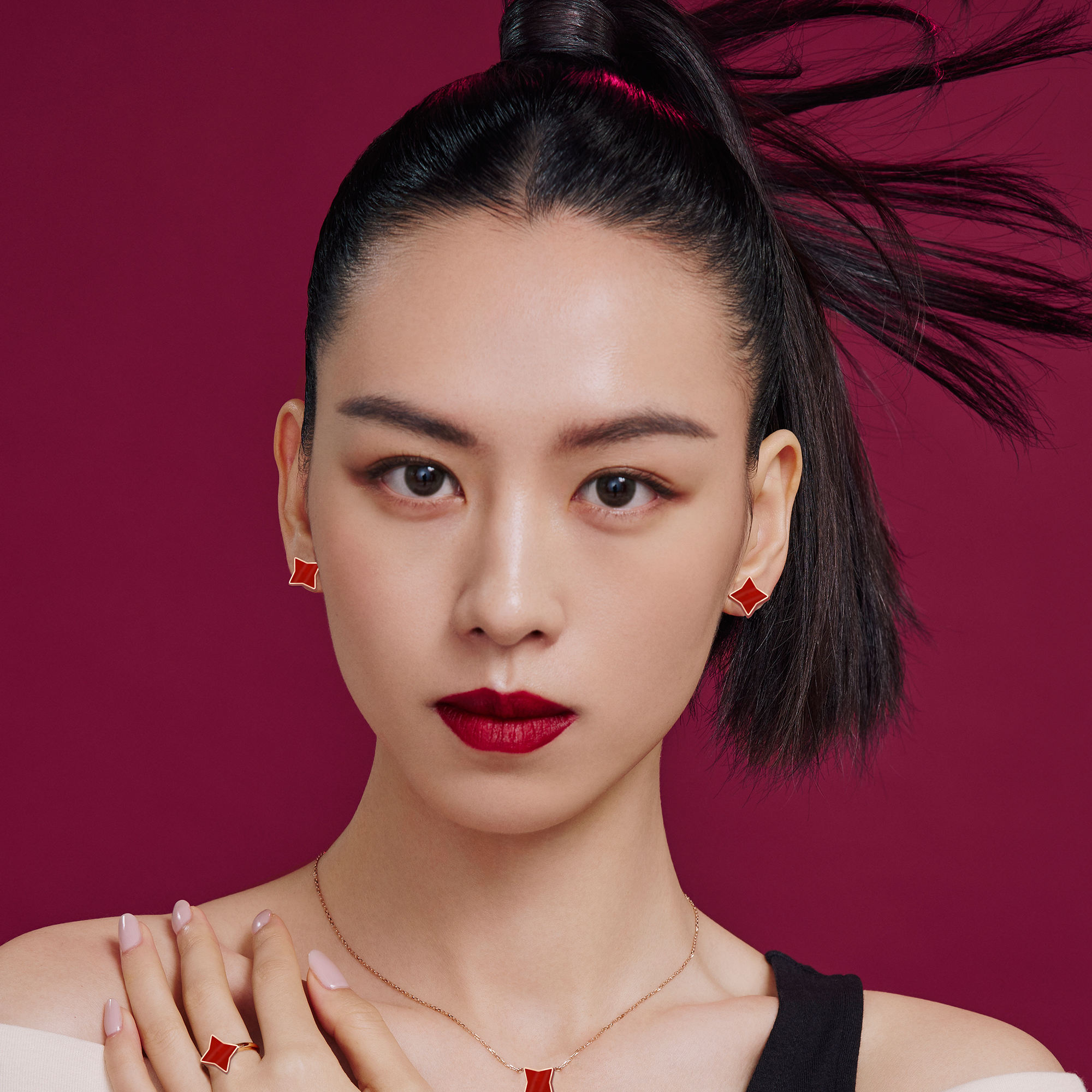 生机LUCK 火18K玫瑰金及红玛瑙耳钉