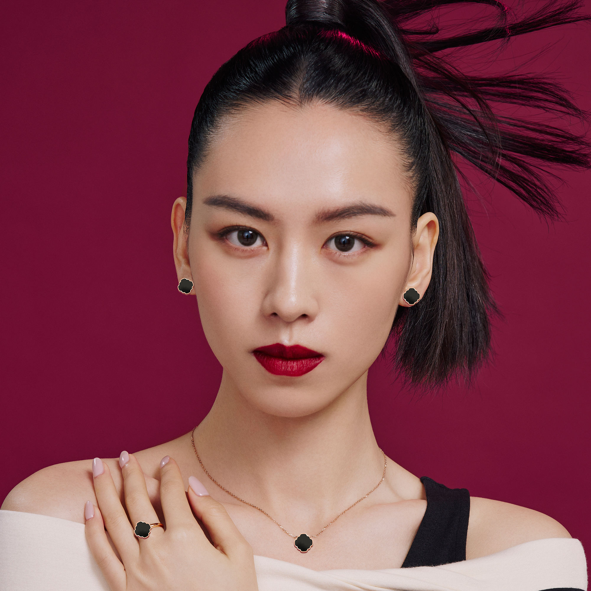 生机LUCK 水18K玫瑰金及缟玛瑙耳钉