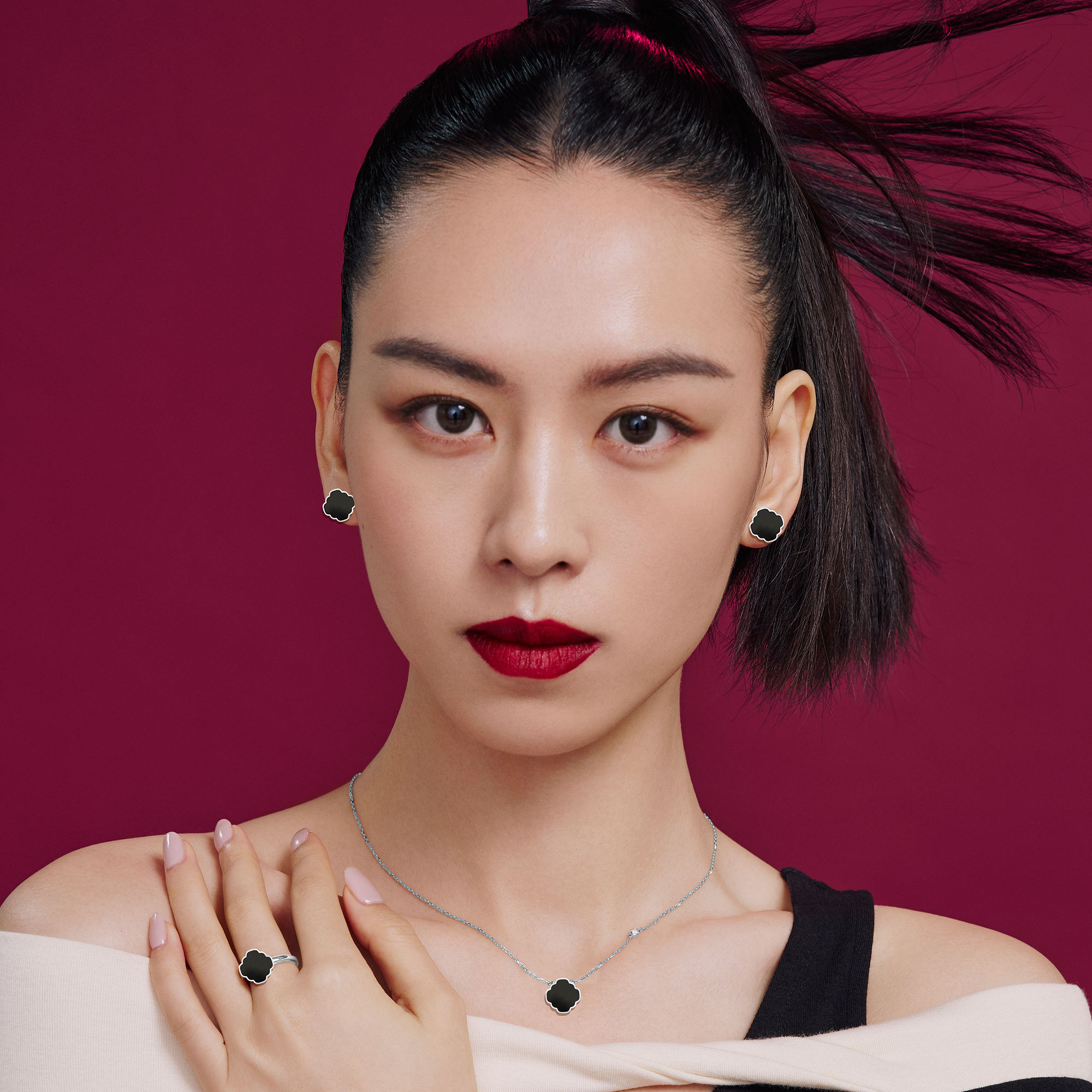 生机LUCK 水18K白金及缟玛瑙耳钉